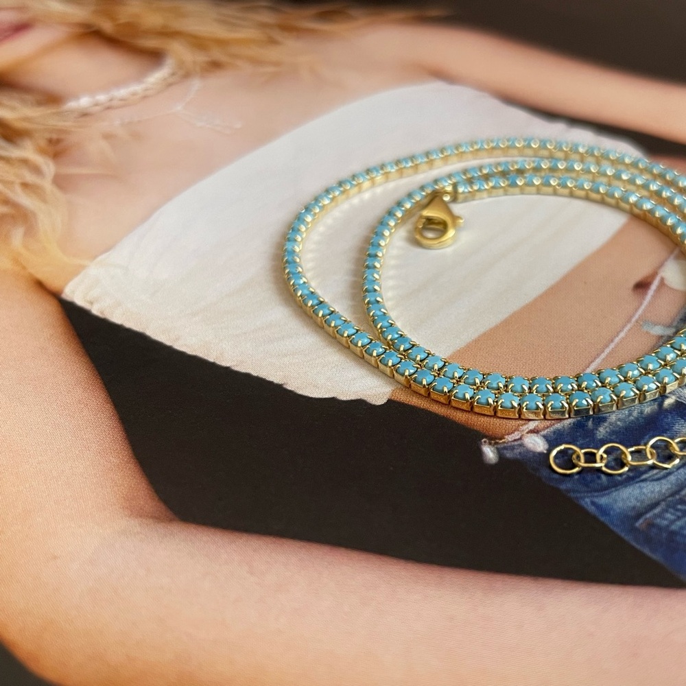 Gold turquoise tennis necklace, tennis choker, tennis necklace - Picture 2 of 2